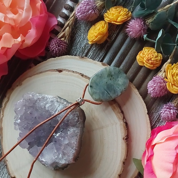 Labradorite Crystal Necklace, Leather, Artisan Made by Rust Belt Raised - Picture 2 of 14